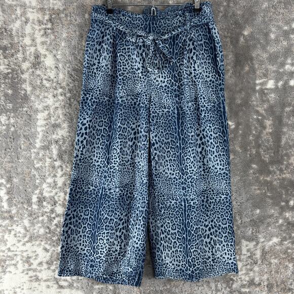 Rewash Brand Size L Wide Leg Cropped Capri Cotton Leopard Print Tie Pants Blue - Picture 1 of 10